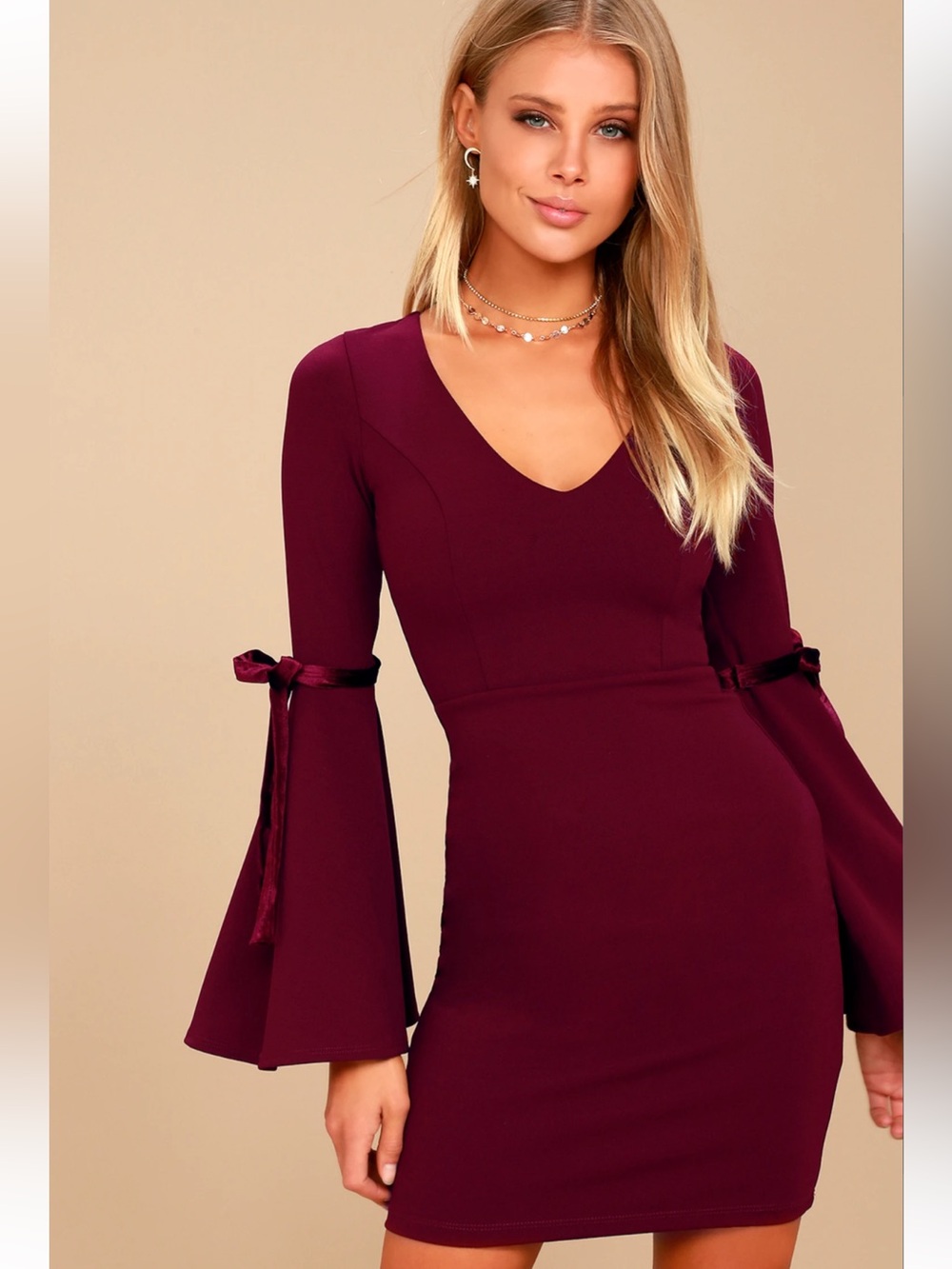 Lulus Once in a While Burgundy Bell Sleeve Bodycon Dress - Medium